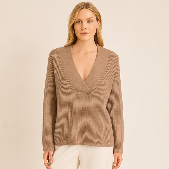 Banana Republic Italian Wool Cashmere Ribbed Knit V-Neck Sweater Beige S - Picture 7 of 7